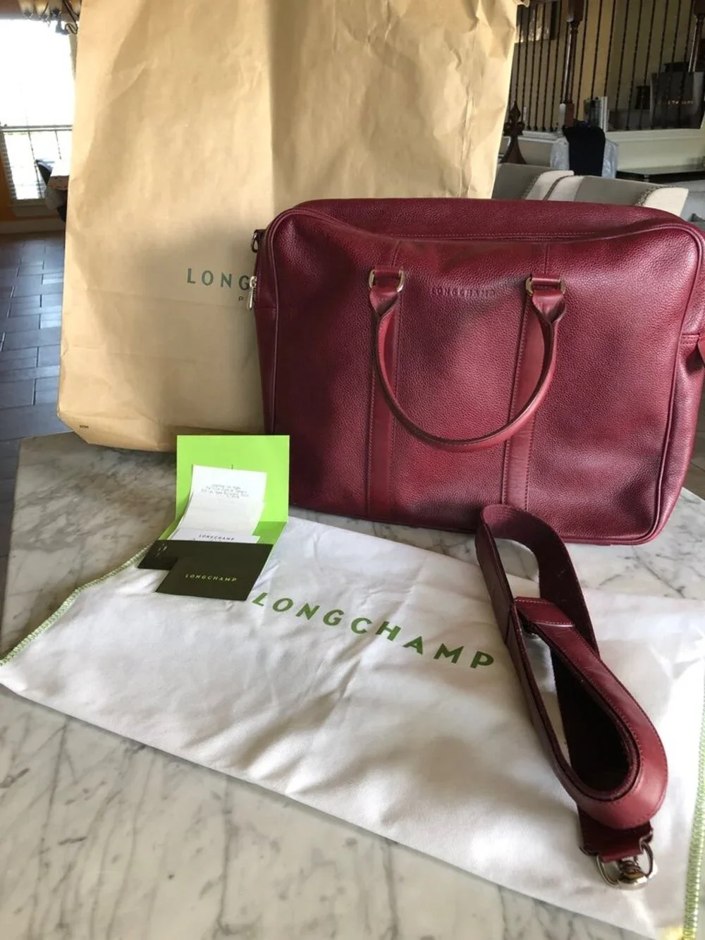 Longchamp Le Foulonné leather briefcase in a burgundy / deep red
